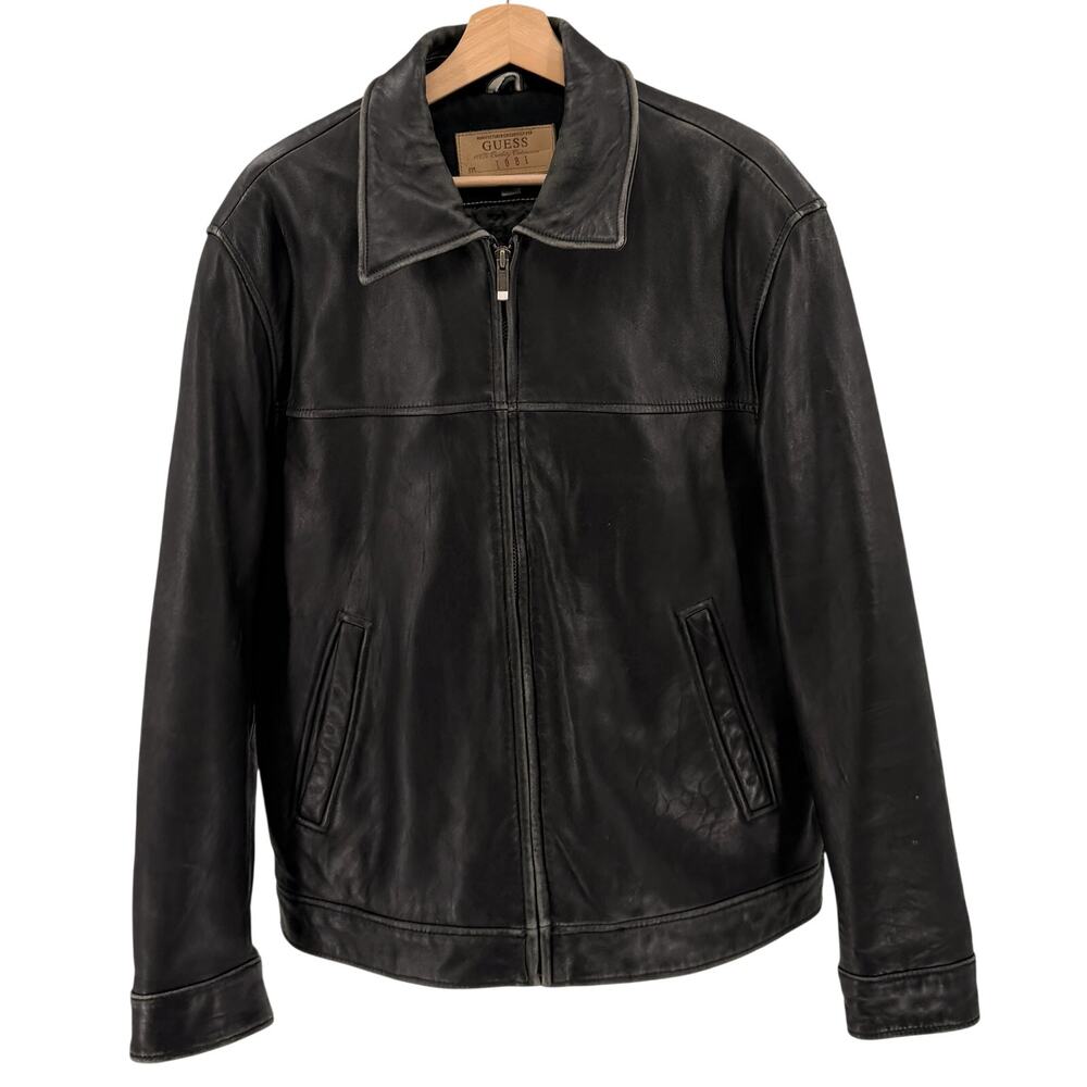 Vintage 90s Guess Black Genuine Leather Oversized Heavy Zip Bomber Jacket